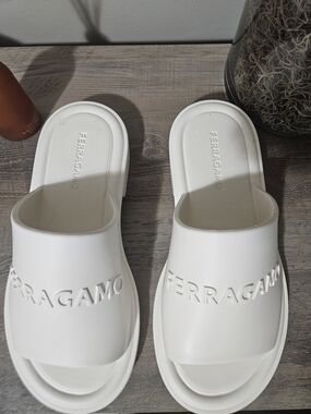 Salvatore Ferragamo White Logo Slide Sandals